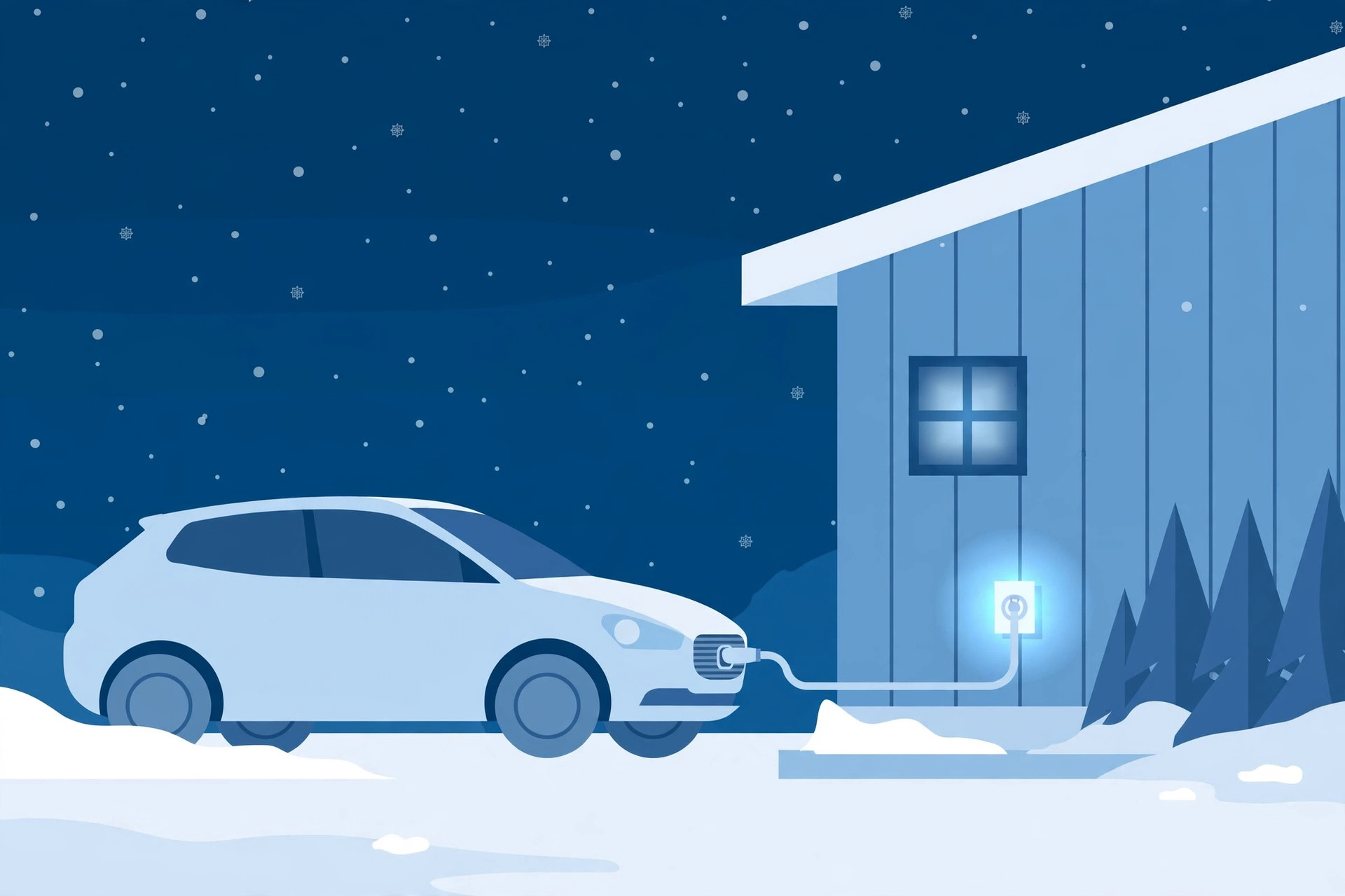 Flat illustration of a car plugged into a glowing house outlet in a snowy driveway at night