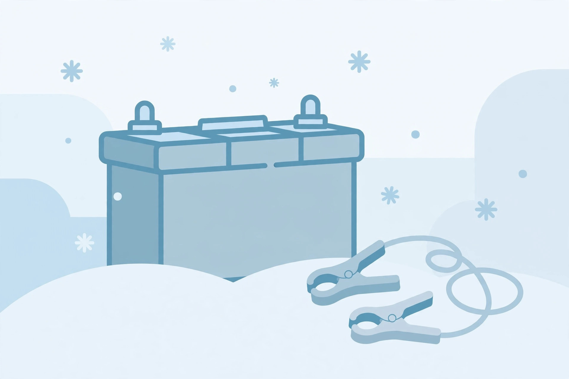 Flat illustration of a car battery with snowflake accents