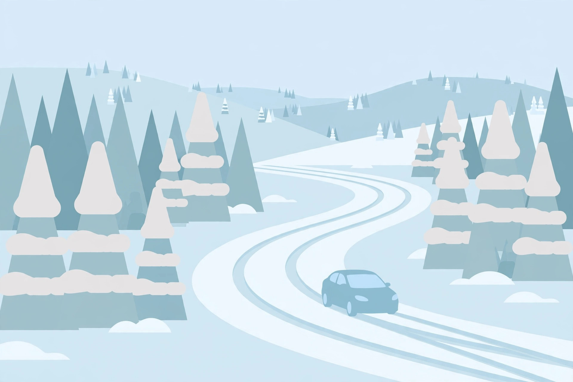 Flat illustration of a car driving carefully on a snowy road