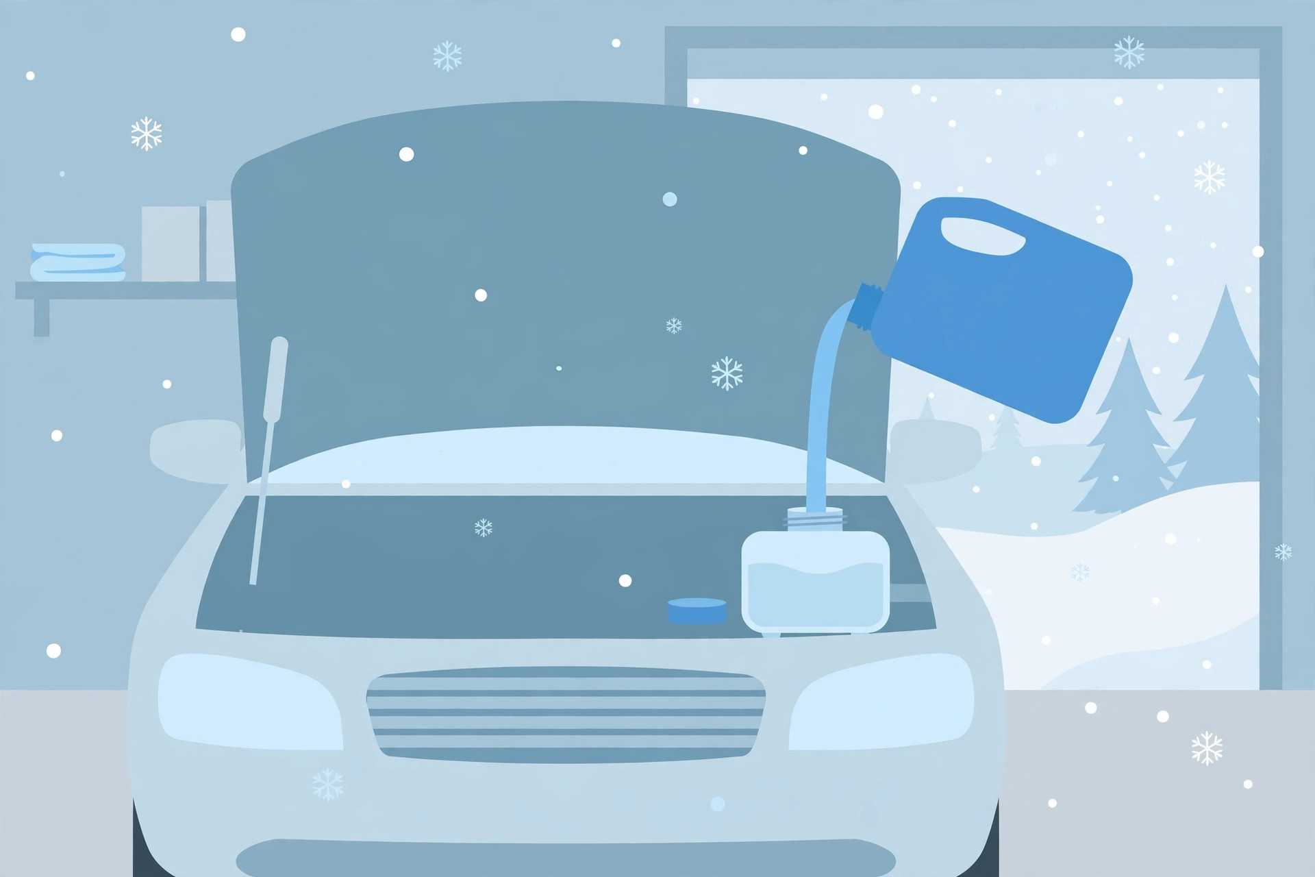 Flat illustration of topping up windshield washer fluid with a blue jug