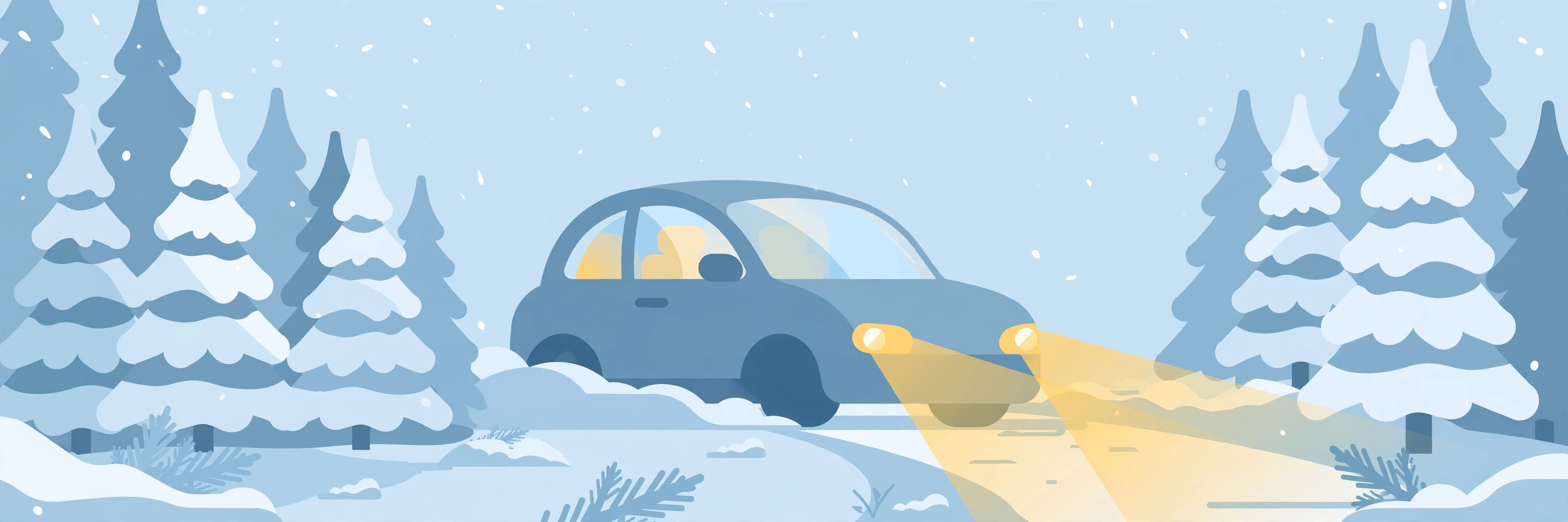 Flat illustration of a car parked in a snowy driveway with snow-covered trees, in cool blue tones