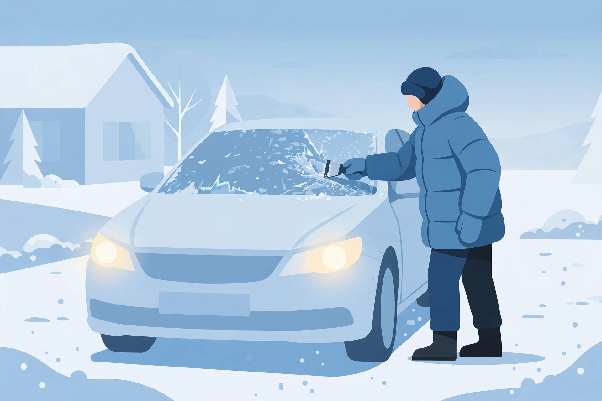 Flat illustration of a driver scraping ice from a windshield with headlights on