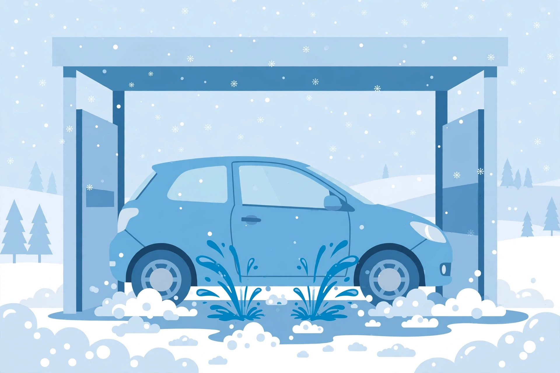 Flat illustration of a car getting an undercarriage spray wash in falling snow