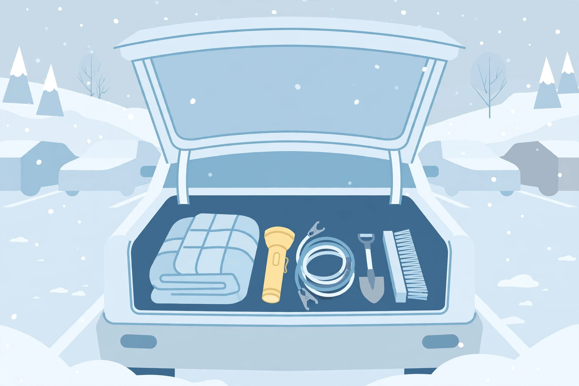 Flat illustration of an open car trunk packed with winter emergency supplies
