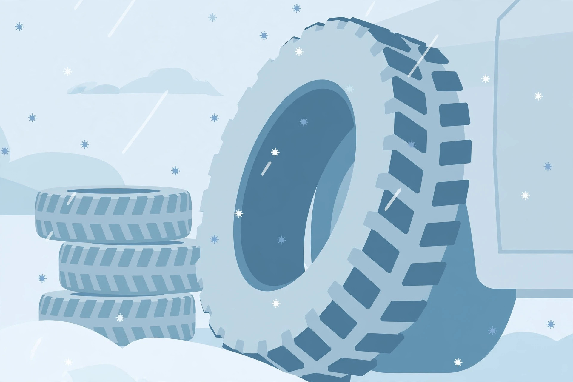 Flat illustration of a winter tire beside a car in snow